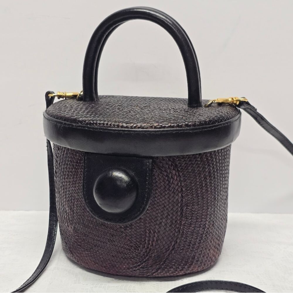 Vintage Earthly Treasures Top Handle Brown Straw Bucket Bag Boho Coastal - Picture 2 of 14